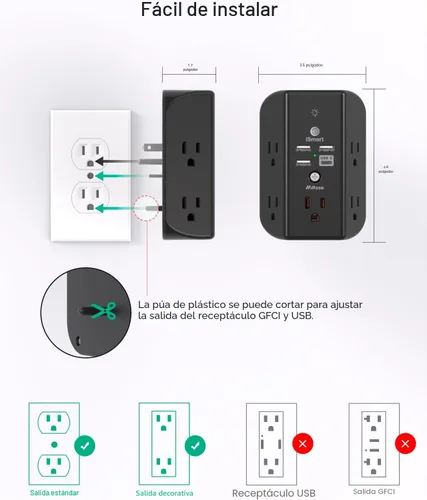 Vista 7 de Extensor de toma de pared con estante y luz nocturna, protector de sobretensiones, cargador de pared USB con 5 salidas USB y 3 puertos USB, 1 salida