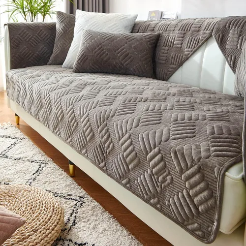 Vista 6 de vctops Funda de sofá de terciopelo para sillón, antideslizante, acolchada, súper suave, funda geométrica cálida en forma de L para sofá, para Marrón