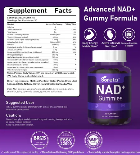 Vista 2 de Gomitas NAD+, suplemento de resveratrol NAD para adultos, colágeno, quercetina, berberina, rodiola y extracto de semilla de uva, apoya la energía