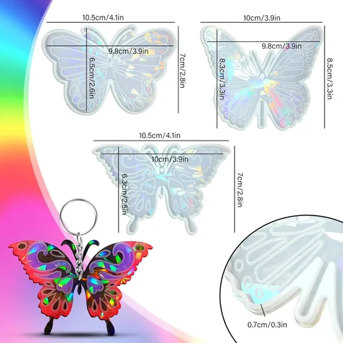 Vista 3 de Moldes de resina holográfica de silicona, 3 piezas de ornamento de mariposa de resina epoxi, moldes de silicona para colgante de mariposa