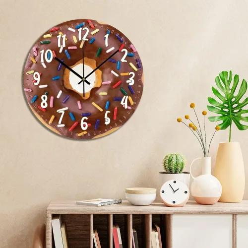 Vista 4 de ArogGeld Reloj de pared rústico de donas de chocolate, relojes colgantes de madera, decoración de cocina, relojes redondos de madera, decoración