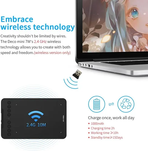 Vista 2 de Tableta de Dibujo Inalámbrica XPPen Deco mini7W Tableta Gráfica Tableta con Lápiz con 8192 Niveles de Presión, Tableta de Artista de 7 x 4 pulgadas