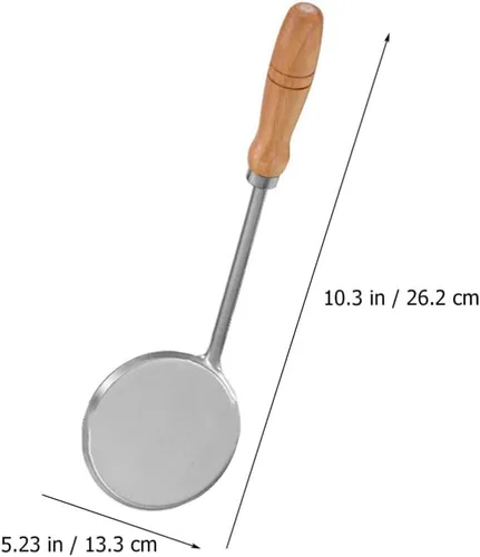 Vista 3 de Cabilock Cuchara plana redonda para freír, cuchara para freír, cuchara de cocina con mango de madera de acero inoxidable, cuchara de roseta