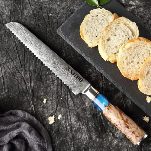 Vista 7 de XITUO VG10 Juego de cuchillos de chef japoneses de acero Damasco de 4 piezas, resina azul y mango de madera, cuchillo de chef de 8 pulgadas