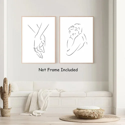 Vista 4 de PUYIQARE Dibujo de línea pareja abrazo a mano lienzo arte de pared, impresión minimalista de lienzo de dibujo de líneas, arte de pareja en blanco