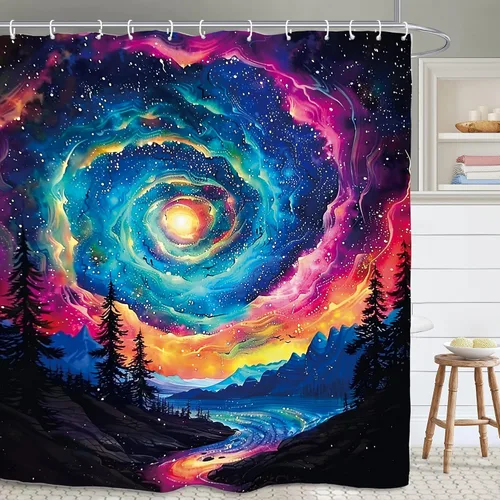 Vista 16 de Cortina de ducha gótica del zodiaco con fases lunares, constelación, astrología, galaxia, misteriosa, tarot, bruja, estética, 60 pulgadas de ancho