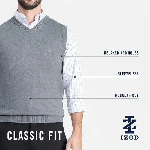 Vista 6 de IZOD Suéter para hombre, talla grande y alta, con cuello en V, color liso, calibre 12