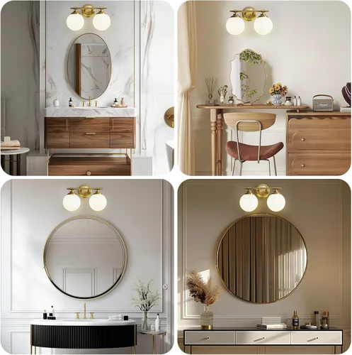 Vista 5 de Rayogale Lámparas de baño doradas, ETL 2 luces de tocador sobre espejo con vidrio esmerilado, iluminación suave, apliques de baño de 15 pulgadas