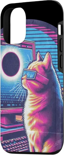 Vista 2 de iPhone 15 Cat Solar Eclipse - Synthwave Retro Poster Style Case