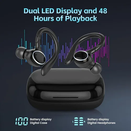 Vista 5 de Auriculares inalámbricos Bluetooth 5.3 con cancelación de ruido, auriculares estéreo con micrófono IPX7 resistentes al agua con gancho para teléfono