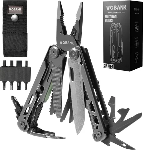 Vista 10 de Multiherramienta, alicates multiherramienta de acero inoxidable 16 en 1 con llave hexagonal ajustable, cuchillo de bolsillo de damasco, funda