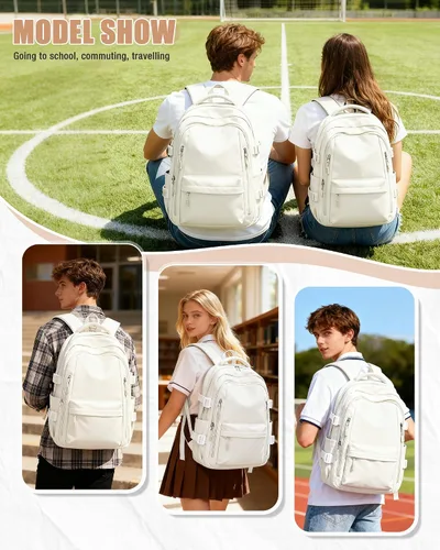 Vista 7 de BOXSAM Mochila ligera para mujer, mochila grande de viaje para laptop, mochila informal para la universidad, mochila para hombres, color beige