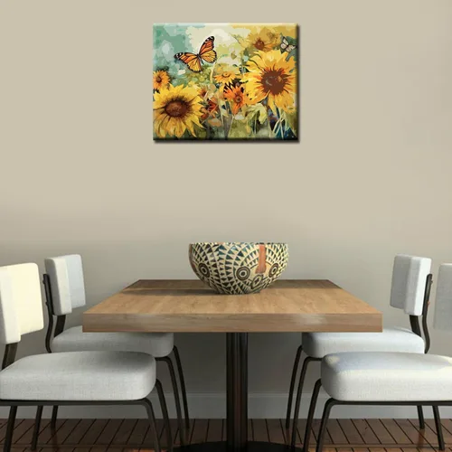 Vista 3 de Tucocoo Kits de pintura de paisaje de girasoles por números con pinceles y pigmento acrílico sobre lienzo para adultos, patrón de mariposas y flores