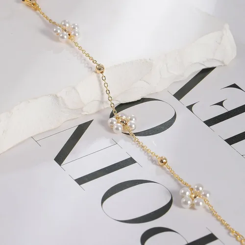 Vista 5 de Pulsera de oro para mujer, chapada en oro de 14 quilates, con cuentas de margaritas y perlas de tenis, joyería simple