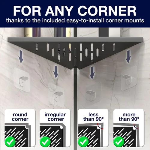 Vista 3 de Estantes esquineros de baño para ducha, adhesivo, palo, taladro, sin taladro, estante esquinero flotante negro fuerte de 16 pulgadas para pared