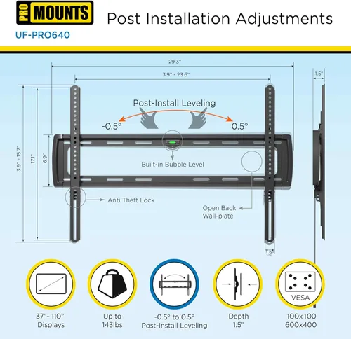 Vista 2 de ProMounts Soporte de pared para TV plano o fijo de alta calidad para pantallas de 37 a 110 pulgadas, soporta instalación de nivel de poste de 143