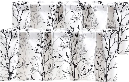 Vista 20 de Luvyohmee Cortina de cenefa estampada con ramas de árbol, cenefa de cocina de 18 pulgadas de largo, color negro, cenefas de ventana grises