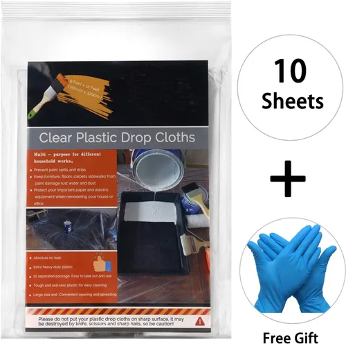 Vista 2 de 10 piezas de lonas de plástico para pintores, cubierta impermeable y antipolvo, lona desechable de 9 x 12 pies para pintar para sofá/cubierta