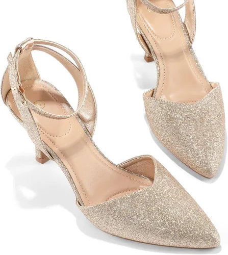 Vista 4 de mysoft Zapatos de tacón bajo puntiagudo para mujer, tacón de aguja con correa en el tobillo, puntera cerrada, sandalias de vestir para bodas
