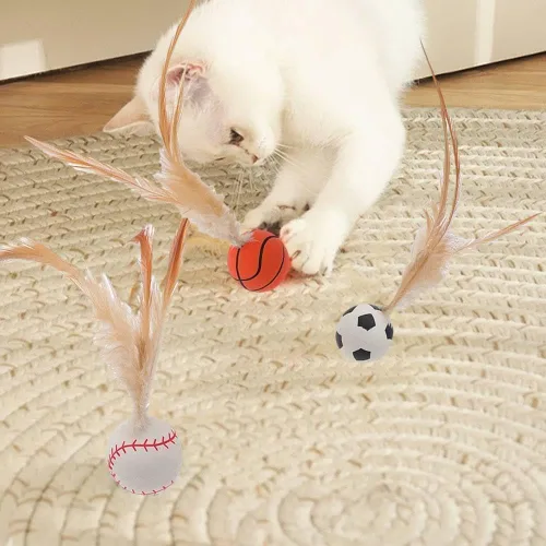 Vista 3 de Juguetes interactivos de bolas de plumas para gatos, nuevas bolas elásticas para gatos de interior, juguetes de ejercicio rodantes con plumas