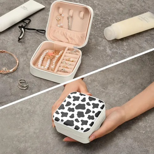 Vista 2 de Joyero cuadrado de viaje con estampado de vaca de piel sintética, pequeño organizador de joyas para mujeres y niñas, estuche portátil de viaje