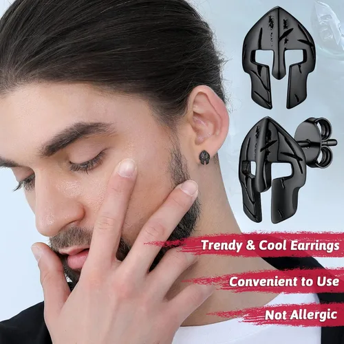 Vista 2 de FaithHeart Spartan - Aretes de casco para hombres y mujeres, acero inoxidable, chapado en oro de 18 quilates, joyería de Grecia con delicado