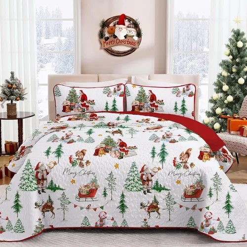 Vista 11 de DJY Juego de edredón navideño tamaño queen, patrón de renos y árboles de Navidad, juego de ropa de cama navideña, suave microfibra verde y blanco
