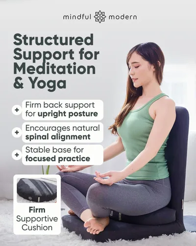 Vista 3 de Silla de Meditación Plegable Pro – Asiento de Meditación Ajustable con Soporte para la Espalda y Cojín de Meditación de Trigo Sarraceno de Media