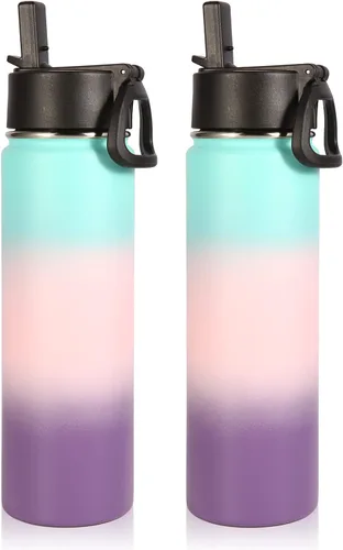 Vista 31 de Volhoply Botellas de agua aisladas de 22 onzas con tapa con popote, botella deportiva de acero inoxidable con asa, vasos de agua de viaje de metal