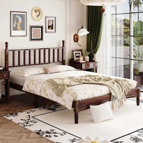 Vista 33 de JIVOIT Cama de plataforma de tamaño King con cabecera de 46.5 pulgadas de alto, marco de plataforma de madera de bambú maciza con listones de madera