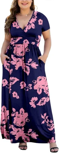 Vista 16 de Maxi vestido casual para mujer, diseño de manga corta con cuello en V y bolsillos, tallas L-5XL A01-negro