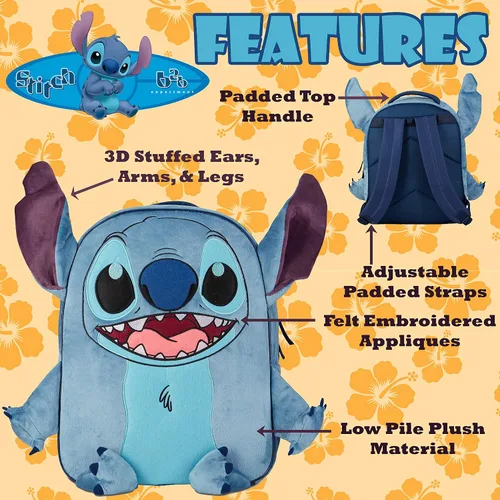 Vista 5 de Disney Lilo and Stitch - Mochila para niñas y niños, 16 pulgadas, mochila escolar de felpa con brazos, piernas y orejas 3D, Azul