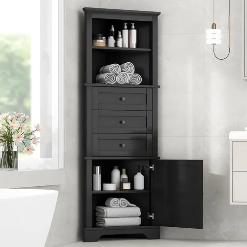 Vista 3 de Armario de almacenamiento para baño, gabinetes de almacenamiento triangulares con 3 cajones y estante ajustable, armario de esquina alto para baño