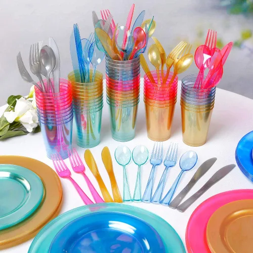 Vista 4 de WDF 25 platos azules para invitados con cubiertos desechables y vasos azules, vajilla de plástico transparente neón incluye 25 platos de cena