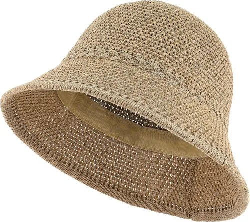 Vista 9 de Sombrero de pescador de ganchillo para mujer, sombrero ligero de paja Caqui
