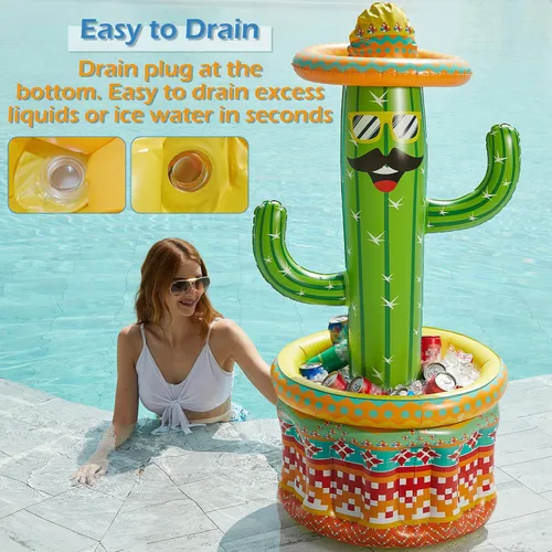 Vista 4 de Jasonwell Hielera inflable para fiesta en la piscina – Cubo de hielo de cactus para fiesta de Luau hawaiano tropical playa temática cumpleaños