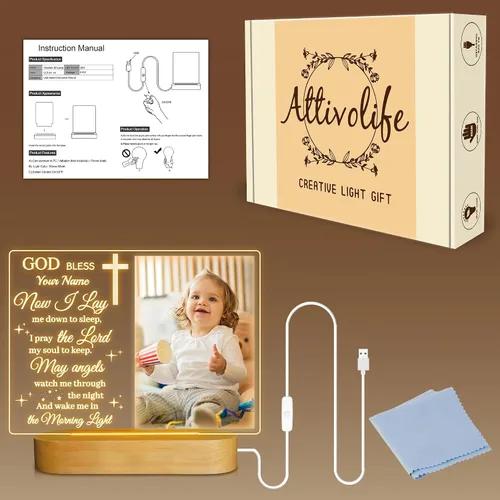 Vista 4 de Attivolife Marco de fotos personalizado de bautismo, marco de fotos iluminado con luz nocturna personalizada para bebé, regalos cristianos