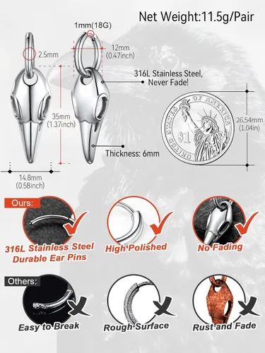 Vista 6 de FaithHeart Pendientes de tuerca Raven para mujeres y hombres, de acero inoxidable, punk gótico, nórdico, vikingo, con delicado embalaje de regalo