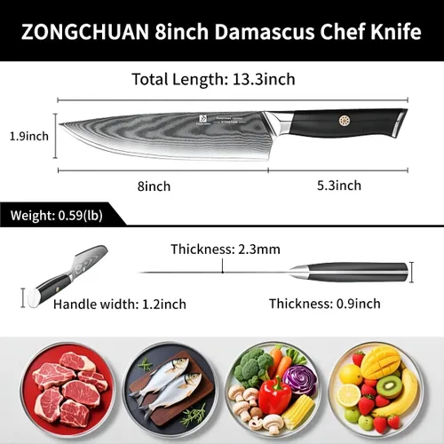 Vista 6 de Cuchillo de chef de Damasco de 8 pulgadas, cuchillo de cocina de acero inoxidable de alto carbono de 67 capas con mango ergonómico G10, funda