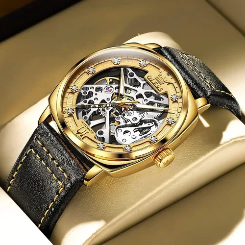 Vista 2 de OLEVS Visit The Store Automatic Men Watch Skeleton Self Winding Mechanical Luxury Stylish Leather Strap Steampunk Style Luminous Water Proof Wrist