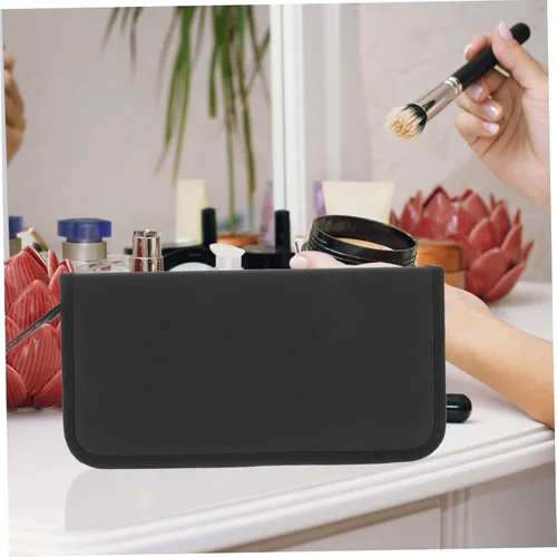 Vista 3 de DOITOOL Elegante soporte para brochas de maquillaje de lona, organizador de 15 bolsillos para cosméticos ordenados, negro, 11.8 x 11.0 in