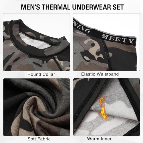Vista 5 de MEETYOO Ropa interior térmica para hombre, capa base para hombre, 2 juegos de calzoncillos largos forrados con equipo de caza 2 camuflajes negros