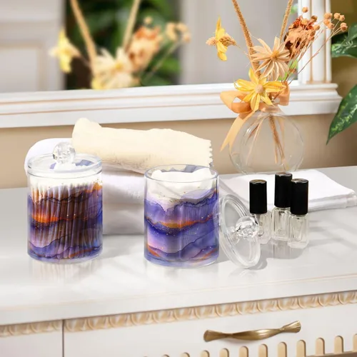 Vista 7 de Nander Paquete de 2 dispensadores de soporte Qtip – Hermoso juego de tarros de boticario de plástico transparente con textura de mármol