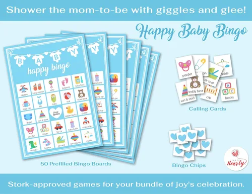 Vista 3 de Party Hearty Juegos de baby shower para niños, 250 tarjetas de actividades de 5 juegos azules, divertidos juegos de baby shower, ideas para baby