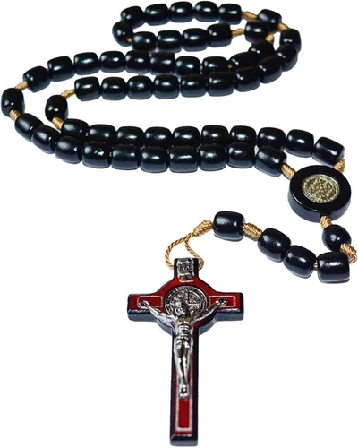 Vista 4 de Catholica Shop Collar de cruz de plata con cuentas de madera Rosario I Religious Wear Saint Benedict I Collar de cruz negra para hombres y mujeres I