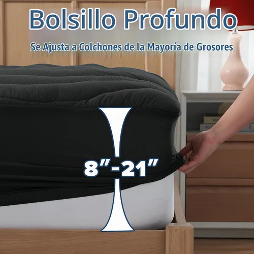 Vista 6 de ELVEN HOME Protector de colchón de tamaño individual para aliviar el dolor, cubrecolchón refrescante individual para cama individual, funda Negro