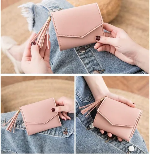 Vista 4 de Cartera con tarjetero RFID para mujer, billetera delgada, plegable, multitarjeta, con cremallera, monedero, Rosa., Compacto