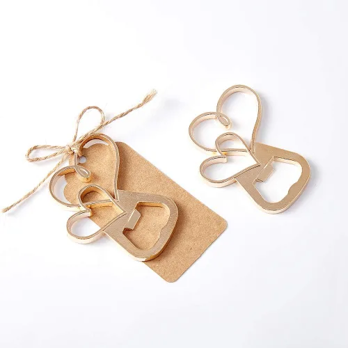 Vista 3 de Paquete de 25 abrebotellas de doble corazón dorado con etiqueta Kraft y bolsa de recuerdo, regalo de boda para invitados, recuerdos de boda, baby