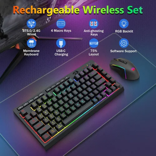 Vista 2 de Redragon Combo de teclado y mouse inalámbricos para juegos, Bluetooth2.4GUSB-C con cable, retroiluminación RGB, teclado macro de membrana recargable
