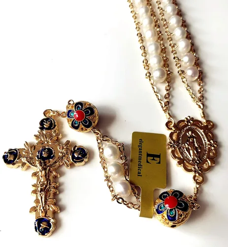 Vista 4 de elegantmedical Hecho a mano 18K chapado en oro de la escalera al cielo perla y esmalte perlas católica rosario crucifijo collar caja, Cobre